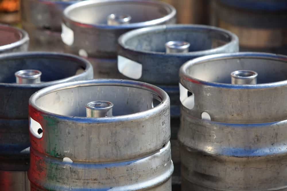 Metal beer kegs in a brewery